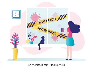 Woman stay at home, quarantine or self-isolation. Health care concept. Fears of getting coronavirus. Yellow quarantine tapes on window. Global viral pandemic Covid-19. Flat vector illustration