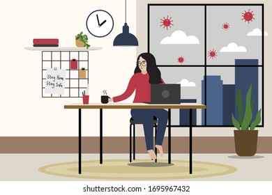 Woman Stay Home And Safe Work At Home With Her Laptop And Coffee On The Desk During Coronavirus Or Covide-19 Outbreak.