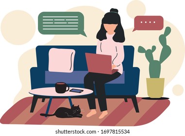 Woman stay home and safe work at home with his laptop sitting on the couch and chat with co-worker by video call and  black cat sleeping next to her during coronavirus or covid1-9 outbreak.