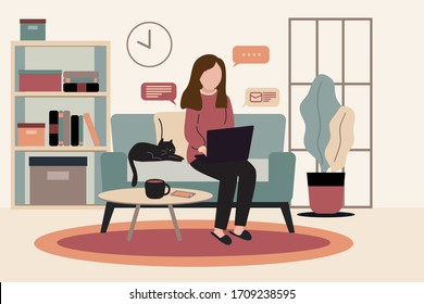 Woman stay home and safe work at home with his laptop sitting on the couch and chat with co-worker by video call and  black cat sleeping next to her during coronavirus or covid1-9 outbreak.