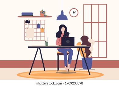 Woman stay home and safe work at home as a freelance with her laptop and coffee on the desk during coronavirus or covide-19 outbreak.