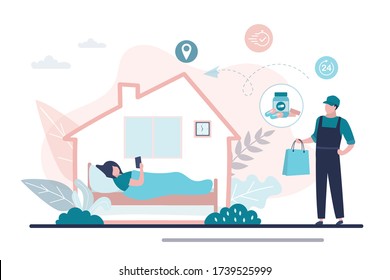 Woman stay at home, sick girl lies in bed. Free medication delivery. Online pharmacy, delivery man hold bag with medical drugs. Internet drugstore. Healthcare banner. Flat vector illustration