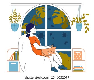 Woman stay at home. Young girl sits in chair with book in her hands. Safety and prevention of coronavirus. Care about health. Linear vector illustration isolated on white background. 3D Illustration