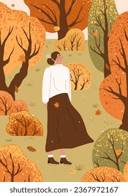 woman stay under autumn trees. card with a female staing on the ground. Young girl are resting in the autumn forest. Flat vector illustration