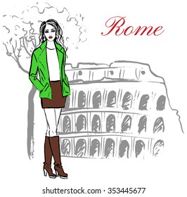 Woman staying near Colosseum in Rome, Italy. Artistic hand drawn ink sketch