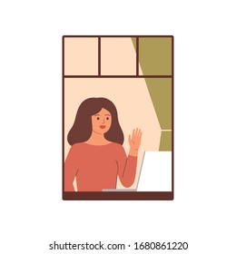Woman stays at home in a quarantine. Girl using laptop computer and talking with friends. Preventive measures to prevent the spread of coronavirus.vector illustration.