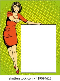 Woman stays next to blank white board. Pop art comics retro style vector illustration.