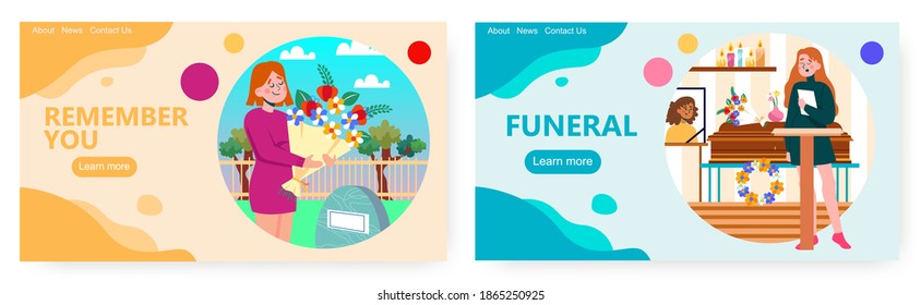 Woman stays next to coffin and gives funeral speech concept vector illustration. Woman brings flowers to dead relatives graveyard at the cemetery