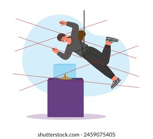 Woman stealing crown from museum. Young girl in black suit with hat near treasure at exhibition. Robbery and stealing, crime scene. Cartoon flat vector illustration isolated on white background