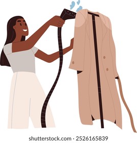 Woman Steaming a Coat to Remove Wrinkles. A person using a steamer to remove wrinkles from a coat. Suitable for content focused on fashion care, laundry, or clothing maintenance