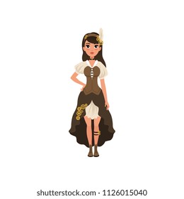 Woman in steampunk outfit. Young girl in blouse with sleeves, corset, skirt with bustle and boots. Fancy clothes for festival. Flat vector