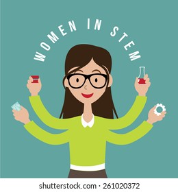 Woman with STEM icons flat design. EPS10 vector illustration for advertising, promotion, poster, flier, blog, article, social media, marketing, education