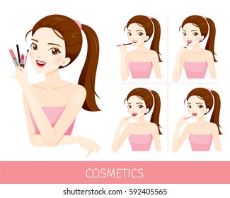 Woman With Step To Apply Lip Makeup, Accessories, Equipment, Beauty, Facial, Fashion