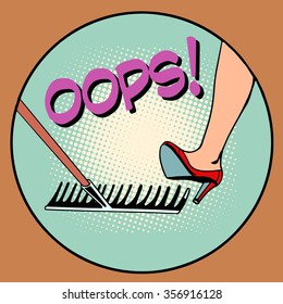 Woman step on the same rake pop art retro style. Error repeat business concept