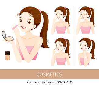 Woman With Step To Use Foundation And Press Powder, Makeup, Accessories, Equipment, Beauty, Facial, Fashion