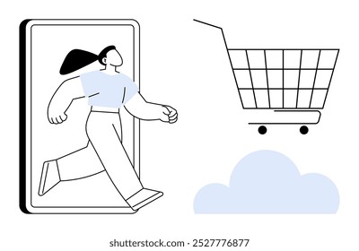 Woman stepping out of mobile device towards shopping cart and a cloud. Ideal for online shopping, e-commerce, virtual retail experiences, digital marketing, innovation in shopping. Simplistic line