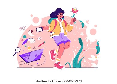 Woman steps away from work and into nature, vector illustration., Leaving behind technology and paperwork, holding a flower.