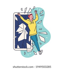 Woman steps out of phone breaking a glass, sketch vector illustration isolated.