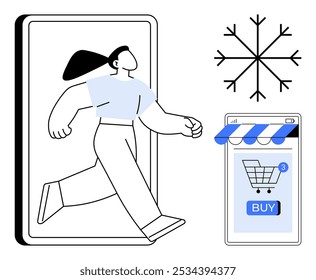 A woman steps out of a smartphone screen. Beside her is an online store interface with a shopping cart and a prominent BUY button. A snowflake symbol is also present. Ideal for winter sales