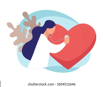 Woman with stethoscope listening to heart beating, isolated female character cardiologist at work. Treatment of cardiac diseases and disorders. Examination and checkup of patient vector in flat