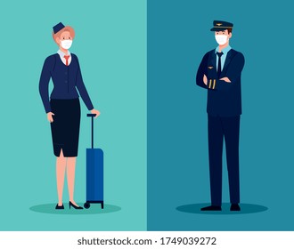 woman stewardess and man pilot with masks design of Coronavirus 2019 nCov workers theme Vector illustration