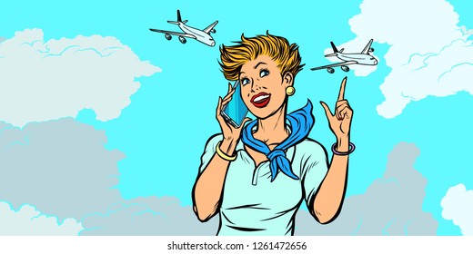 woman stewardess with phone, sky and planes. Pop art retro vector illustration kitsch vintage