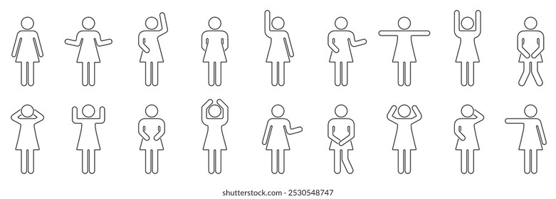 Woman Stick Figure with Different Gestures and Poses Outline Symbol. Human Figure Line Icons Set in Various Poses. Editable Stroke. Hand drawn Isolated Vector Illustration.