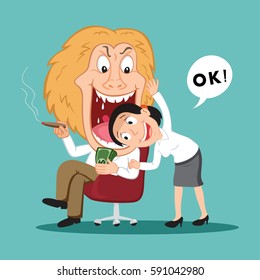 Woman sticking her head in creditor mouth with lion character, risk concept vector illustration cartoon