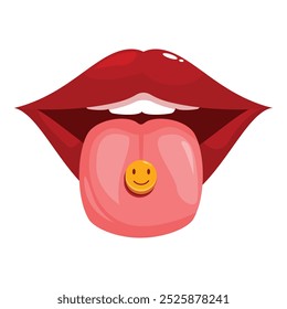 Woman is sticking out her tongue with a yellow pill with a happy face on it