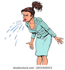 Woman sticking out her tongue. Problems at work and in the team. Dismissal from the profession. Pop Art Retro Vector Illustration Kitsch Vintage 50s 60s Style. On a white background