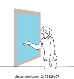 woman sticks his hand out of the window, he checks whether it is raining outside - one line art vector. rain or snow concept. Handmade vector not AI