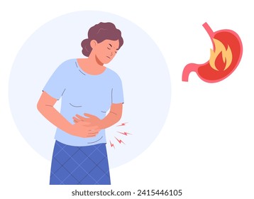 Woman with stomach ache. Diseases of the stomach.	Gastritis, stomach acid reflux disease and digestive system problem.