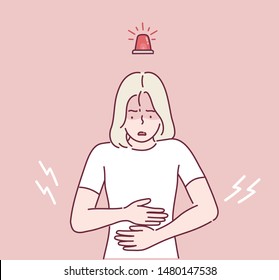 Woman Stomach Ache. Hand drawn style vector design illustrations.