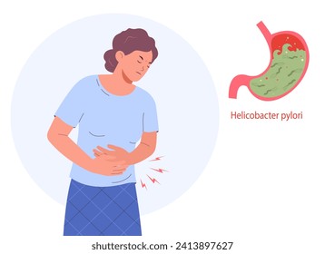 Mujer con dolor de estómago. Helicobacter pylori, gastritis.  Enfermedades del estómago.	Enfermedad por reflujo de ácidos estomacales y problema del sistema digestivo.