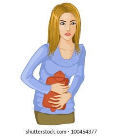 Woman with stomach issues. Vector image of a young woman with hot-water bottle on a belly