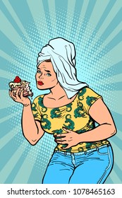 woman stomach pain after the sweet cake. Comic cartoon pop art retro illustration vector kitsch drawing