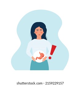 Woman With Stomach Pain. Gastritis, Ulcers And Cancer Of The Stomach. Symptoms Of Acute Inflammation. Disease Of The Digestive Tract Concept. Vector Editable Illustration