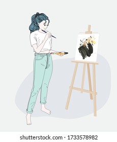 The woman stood drawing watercolor at her home after she had no routine work.Doodle art concept,illustration painting
