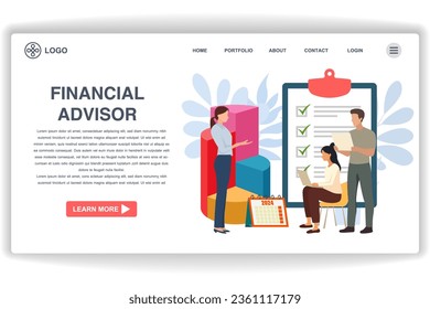 A woman stood giving a briefing. website page Financial Advisor. Modern flat design concept of web page design for website and mobile website