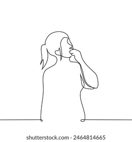 woman stood with her hand against her mouth and raised head - one line art vector. concept to think about. ponder, puzzled