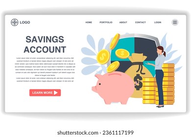 A woman stood throwing a coin into the piggy bank. website page Saving Account. Modern flat design concept of web page design for website and mobile website