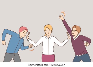 Woman stop aggressive mad men ready for fight. Female separate furious male colleague in quarrel before battle. Office crisis. Vector illustration. 