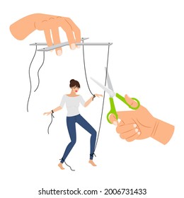 Woman stop manipulation. Girl is freed from toxic manipulations, manipulator hands with cut strings female marionette, worker or spouse manipulates release concept vector illustratio