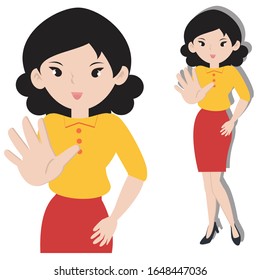 Woman with stop sign concept. Creative idea design. Flat vector illustration for template, brochure or presentation.