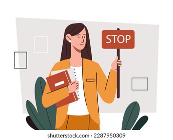 Woman with stop sign concept. Stop violence, young girl with book refuses, reject.