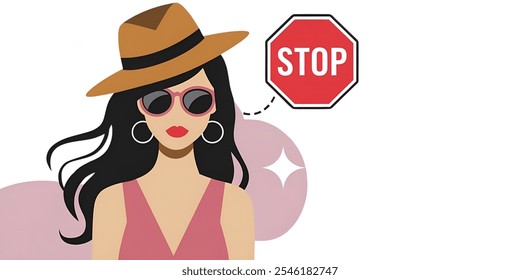 Woman with stop sign creative banner,minimalistic flat vector illustration,plain background