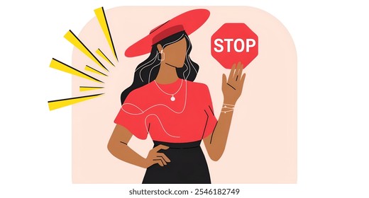 Woman with stop sign creative banner,minimalistic flat vector illustration,plain background