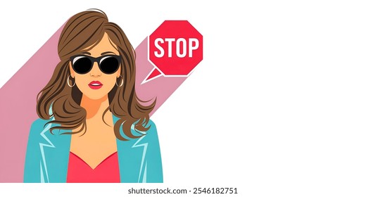 Woman with stop sign creative banner,minimalistic flat vector illustration,plain background