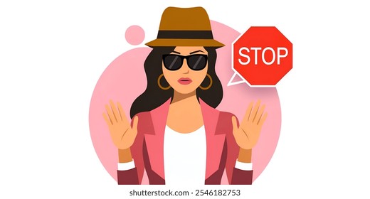 Woman with stop sign creative banner,minimalistic flat vector illustration,plain background