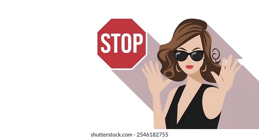 Woman with stop sign creative banner,minimalistic flat vector illustration,plain background